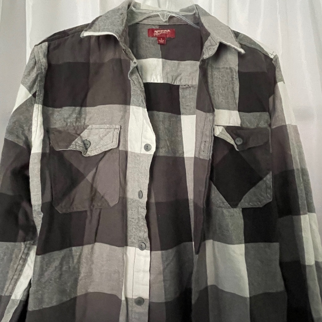 Flannel Long Sleeve Button-Down Blk/Wht/Gray Shirt Sz S